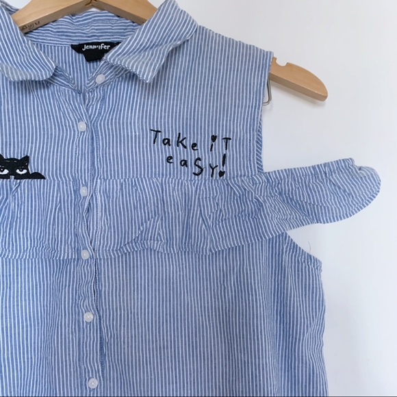 Jennyfer Shoulder Cutout Pinstripe Embroidered Top - Picture 2 of 6